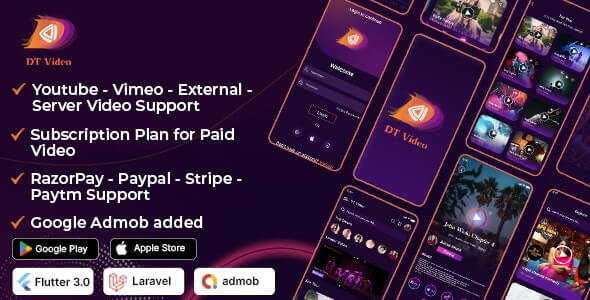 DTVideo v3.0.1 - Flutter Multipurpose All In One Videos App ( Android + ios) Admin panel
