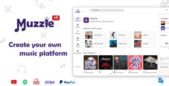 Muzzie v3.3 - Music, Podcast & Radio Streaming Platform